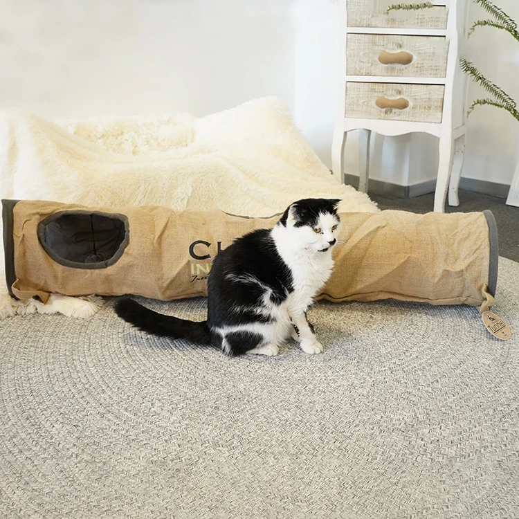 Custom Foldable Eco-Friendly Nature Jute Fabric Cat Tunnel Toy 4 In 1 Cat Tunnel Bed Tube Inside Ball For Fun Of Play