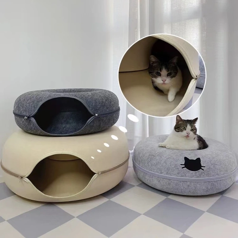 Large Cat Tunnel Bed Cat Hideout Donut Pet Cave Soft Warm Pet House Fun Interactive Toy Tunnel Bed Universal for All Seasons