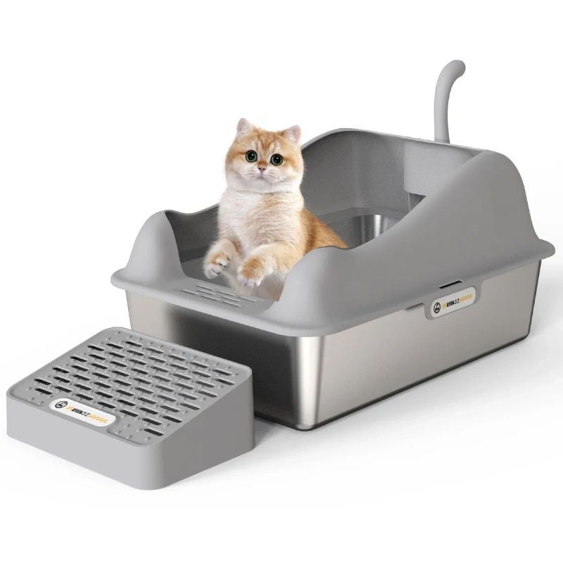 Fashion Cute Stainless Steel Cat Kitty Box With Lid, High Walls Enclosed, Non-Stick, Leak-Proof & Effortless Cleaning