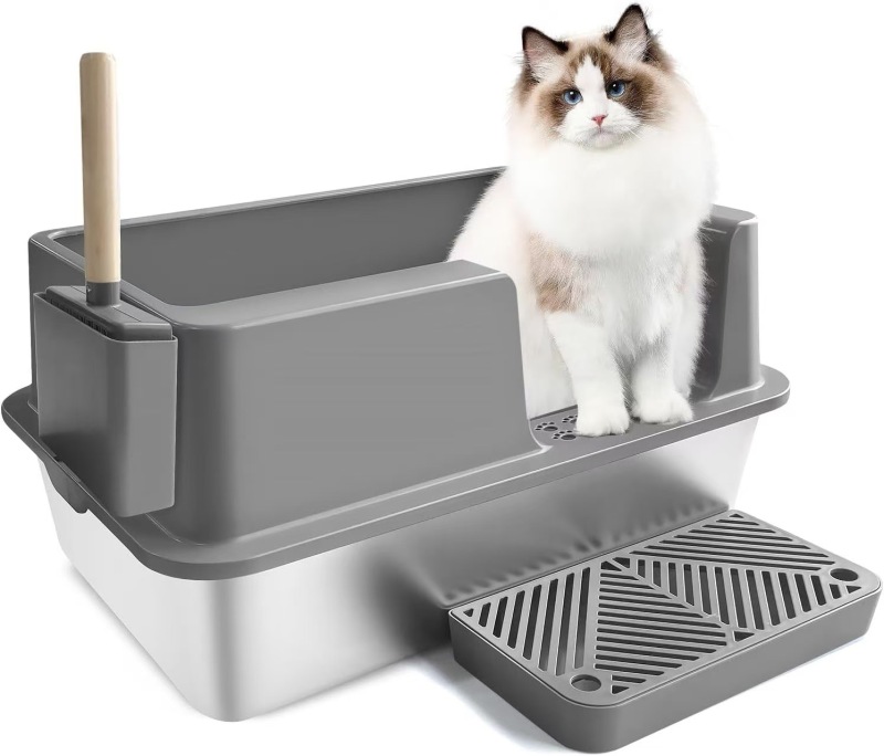Stainless Steel Cat Litter Box XXL Extra Large Jumbo Metal Litter Box with Large Shovel Anti Leakage Sand Pedal Side Entrance