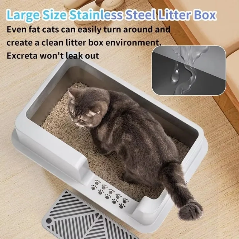 Stainless Steel Cat Litter Box XXL Extra Large Jumbo Metal Litter Box with Large Shovel Anti Leakage Sand Pedal Side Entrance