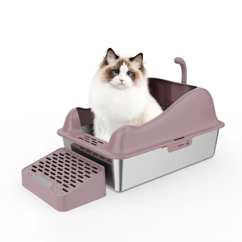 Fashion Cute Stainless Steel Cat Kitty Box With Lid, High Walls Enclosed, Non-Stick, Leak-Proof & Effortless Cleaning