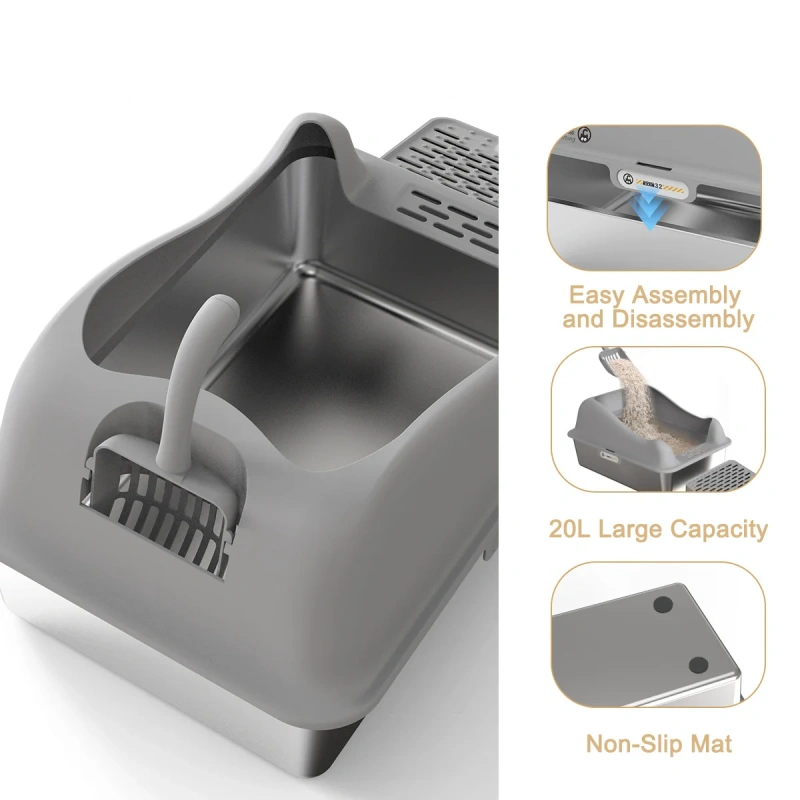 Fashion Cute Stainless Steel Cat Kitty Box With Lid, High Walls Enclosed, Non-Stick, Leak-Proof & Effortless Cleaning