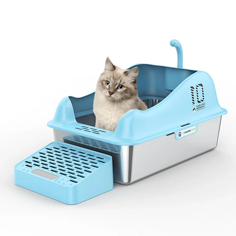 Fashion Cute Stainless Steel Cat Kitty Box With Lid, High Walls Enclosed, Non-Stick, Leak-Proof & Effortless Cleaning