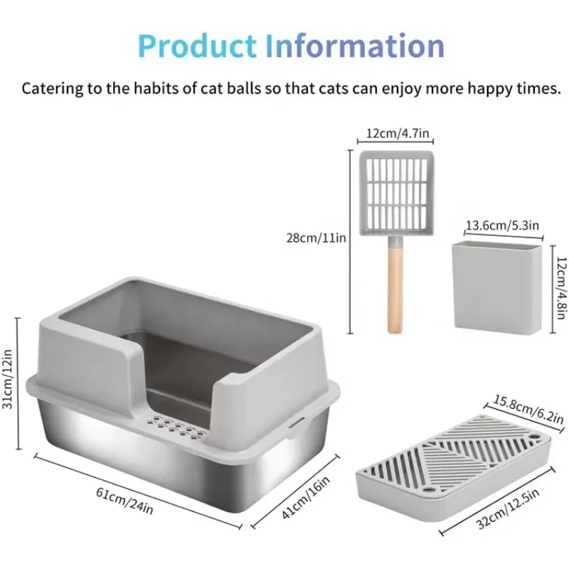 Stainless Steel Cat Litter Box XXL Extra Large Jumbo Metal Litter Box with Large Shovel Anti Leakage Sand Pedal Side Entrance