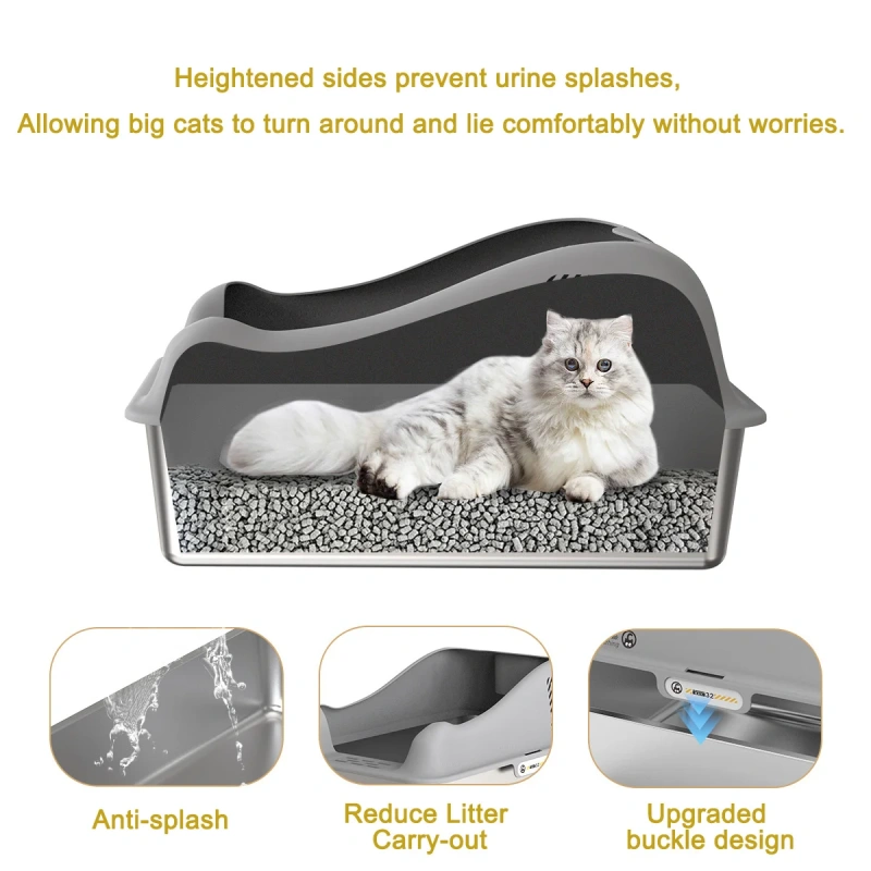Fashion Cute Stainless Steel Cat Kitty Box With Lid, High Walls Enclosed, Non-Stick, Leak-Proof & Effortless Cleaning