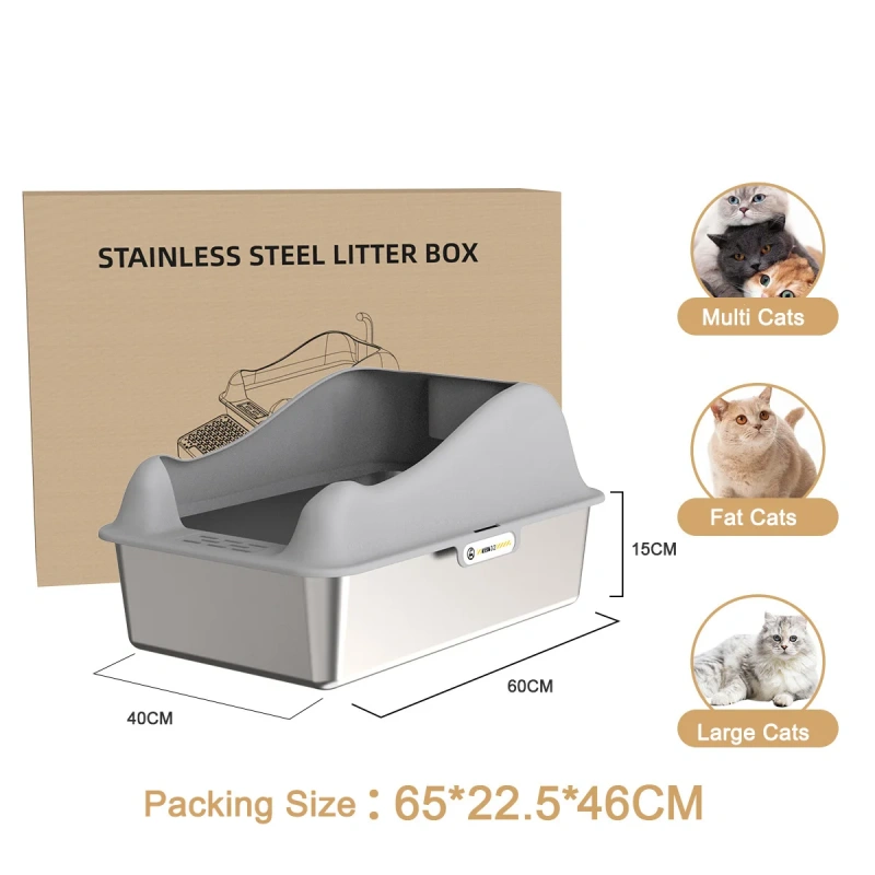 Fashion Cute Stainless Steel Cat Kitty Box With Lid, High Walls Enclosed, Non-Stick, Leak-Proof & Effortless Cleaning