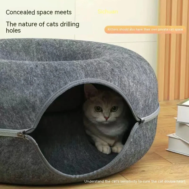 Large Cat Tunnel Bed Cat Hideout Donut Pet Cave Soft Warm Pet House Fun Interactive Toy Tunnel Bed Universal for All Seasons