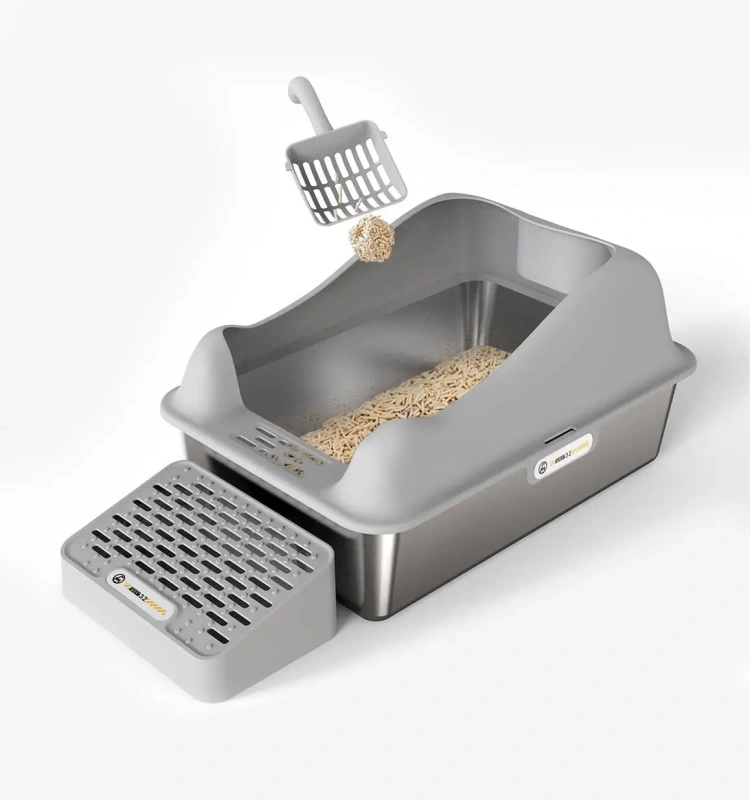 Fashion Cute Stainless Steel Cat Kitty Box With Lid, High Walls Enclosed, Non-Stick, Leak-Proof & Effortless Cleaning