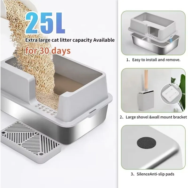 Stainless Steel Cat Litter Box XXL Extra Large Jumbo Metal Litter Box with Large Shovel Anti Leakage Sand Pedal Side Entrance