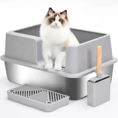 Stainless Steel Cat Litter Box XXL Extra Large Jumbo Metal Litter Box with Large Shovel Anti Leakage Sand Pedal Side Entrance