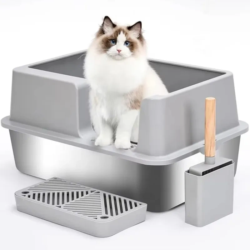 Stainless Steel Cat Litter Box XXL Extra Large Jumbo Metal Litter Box with Large Shovel Anti Leakage Sand Pedal Side Entrance