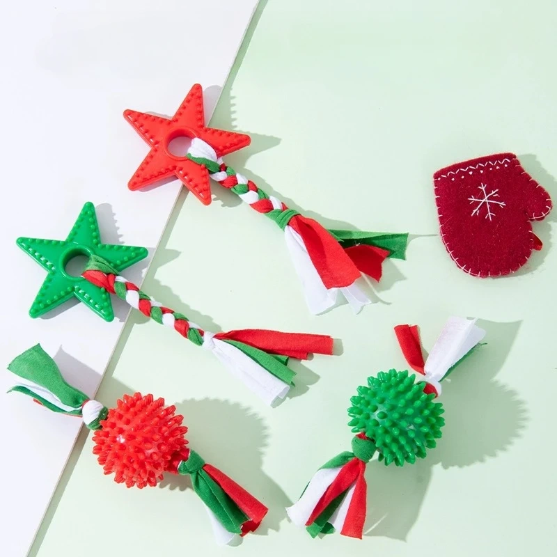 Dog Toy Snowflake Christmas Tree Knot Bite Resistant Teddy Bear Interactive Toy Ball Small Dog TPR Stress Reliever