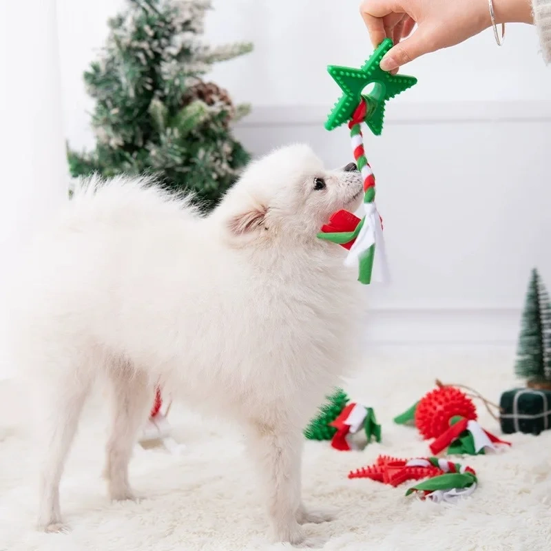 Dog Toy Snowflake Christmas Tree Knot Bite Resistant Teddy Bear Interactive Toy Ball Small Dog TPR Stress Reliever