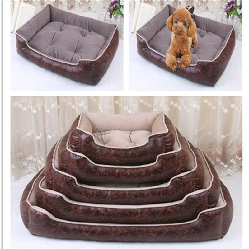 Luxury Leather Dog Beds Waterproof Cozy Pet Dog Basket Cat Kennel Removable Mattress for Puppy Big Animals Bulldog Teddy