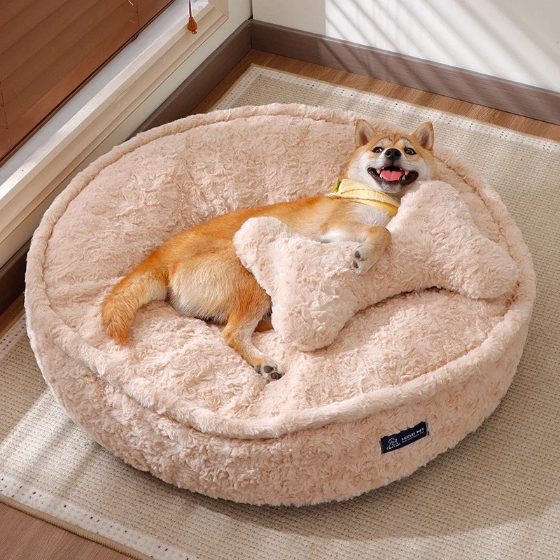 Plush Winter Warm Pet Bed Thickened Pillow Pad Dog Sleeping Bed For Small Dogs Round Dog Kennel Removable Cushions Sofa Beds