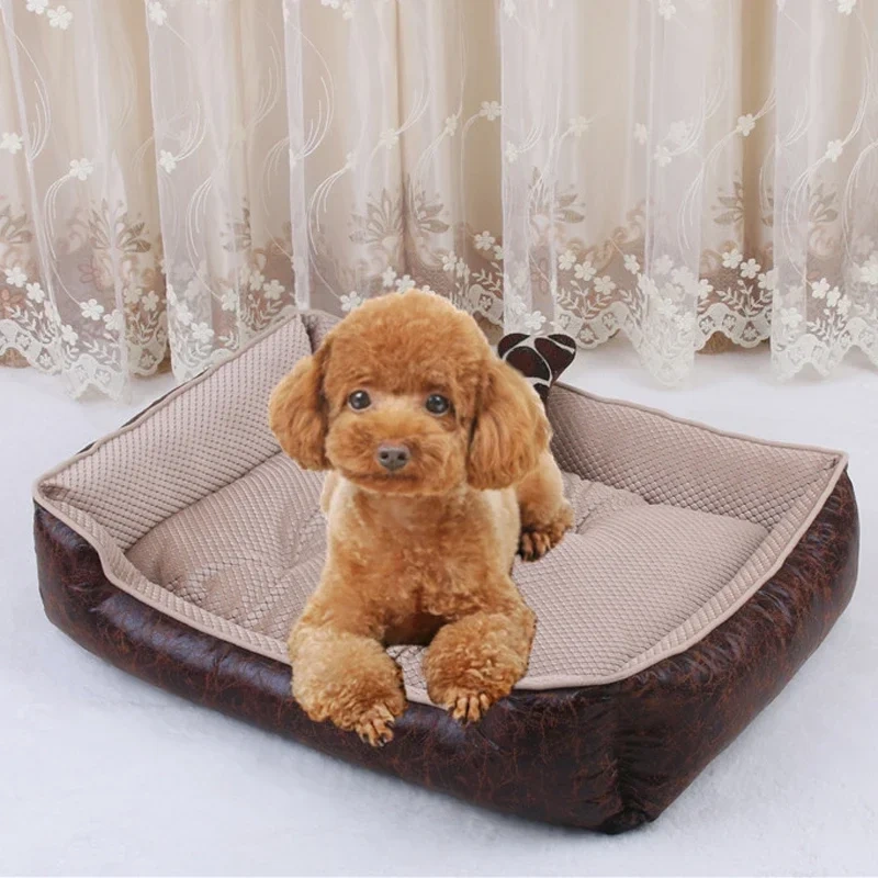 Luxury Leather Dog Beds Waterproof Cozy Pet Dog Basket Cat Kennel Removable Mattress for Puppy Big Animals Bulldog Teddy
