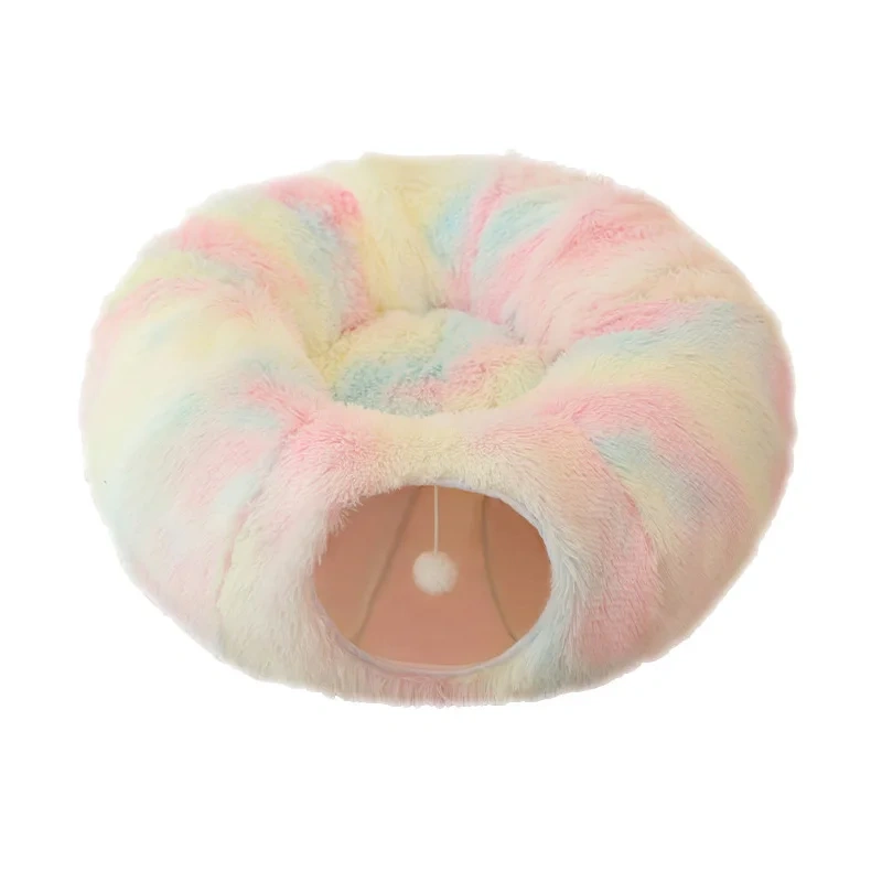 Plush Warm Cat Bed with Tunnel for Indoor Cats Collapsible  Donut Cat Playing Sleeping Cave Non-slip Kitten Nest Pet Supplies