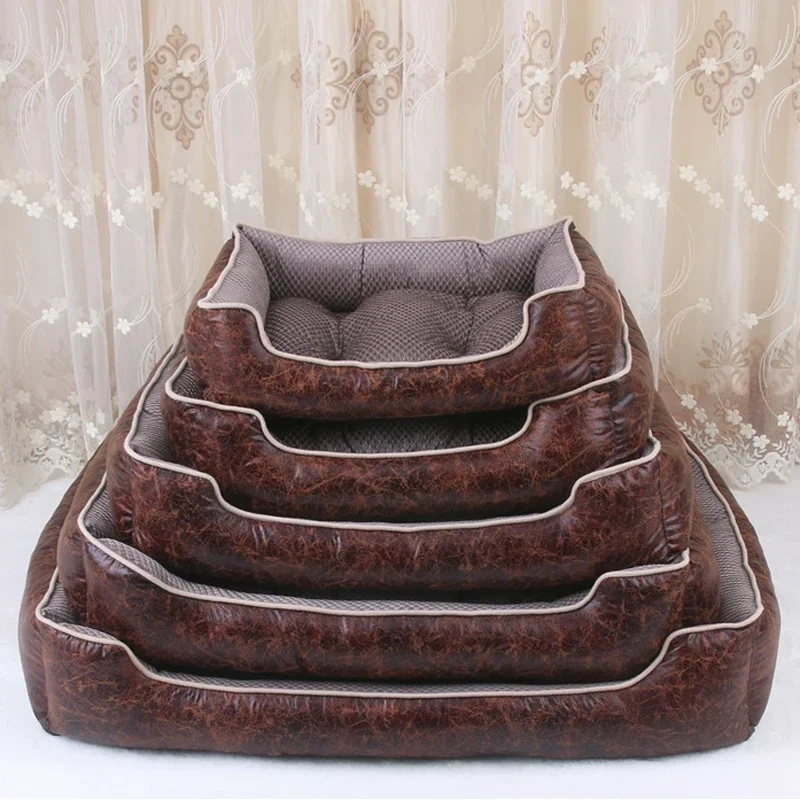 Luxury Leather Dog Beds Waterproof Cozy Pet Dog Basket Cat Kennel Removable Mattress for Puppy Big Animals Bulldog Teddy