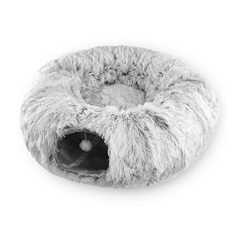 Plush Warm Cat Bed with Tunnel for Indoor Cats Collapsible  Donut Cat Playing Sleeping Cave Non-slip Kitten Nest Pet Supplies