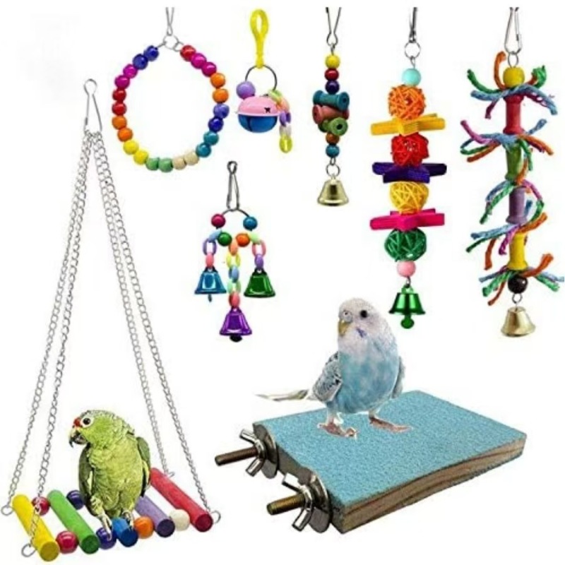 11pcs Bird Cage Toys For Parrots Wood Birds Swing Reliable Chewable Bite Bridge Wooden Beads Shape Parrot Toy Bird Toys New