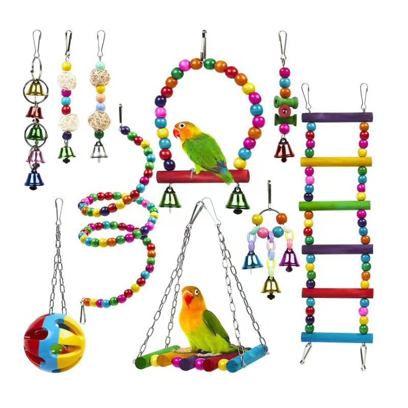 11pcs Bird Cage Toys For Parrots Wood Birds Swing Reliable Chewable Bite Bridge Wooden Beads Shape Parrot Toy Bird Toys New