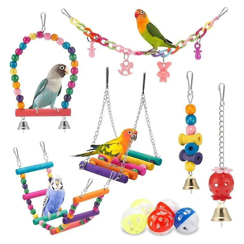 11pcs Bird Cage Toys For Parrots Wood Birds Swing Reliable Chewable Bite Bridge Wooden Beads Shape Parrot Toy Bird Toys New