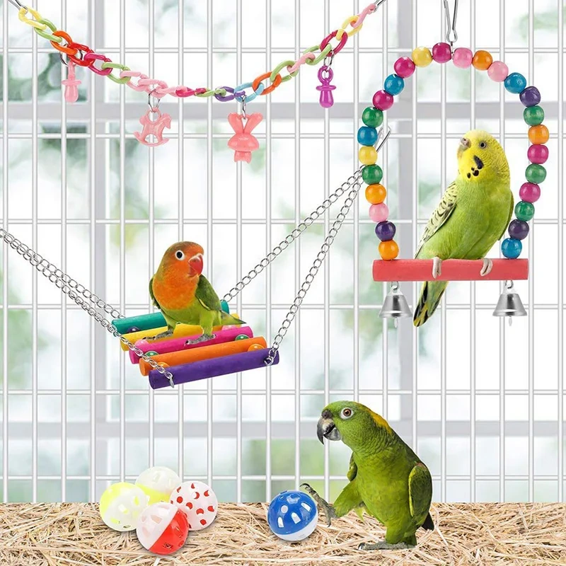 11pcs Bird Cage Toys For Parrots Wood Birds Swing Reliable Chewable Bite Bridge Wooden Beads Shape Parrot Toy Bird Toys New