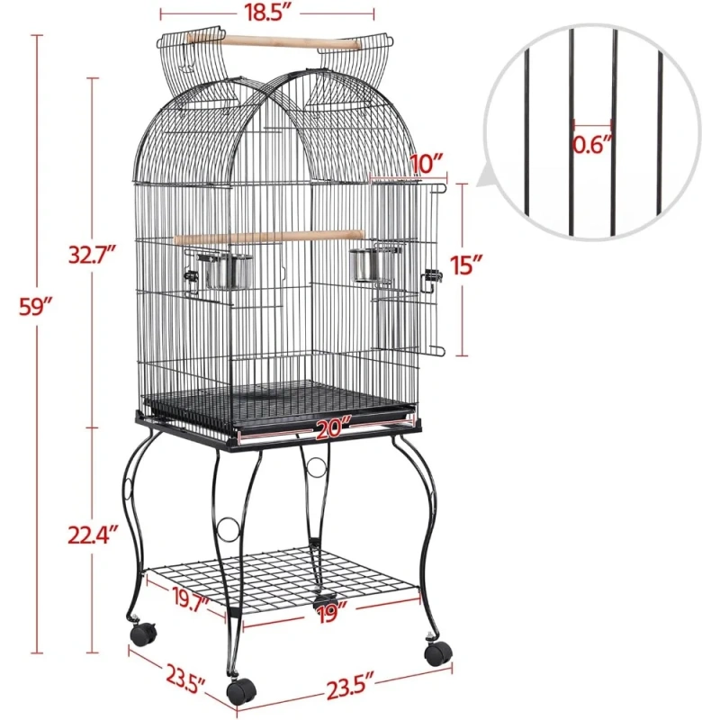 59-Inch Rolling Standing Medium Dome Open Top Bird Cage for Parrots Cockatiels Sun Conures Parakeets Budgies Bird Cage Stand