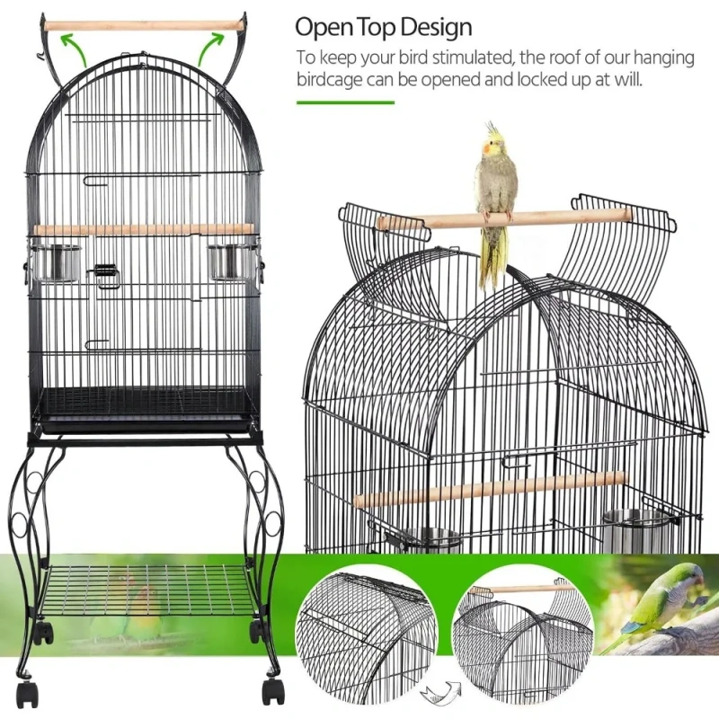 59-Inch Rolling Standing Medium Dome Open Top Bird Cage for Parrots Cockatiels Sun Conures Parakeets Budgies Bird Cage Stand