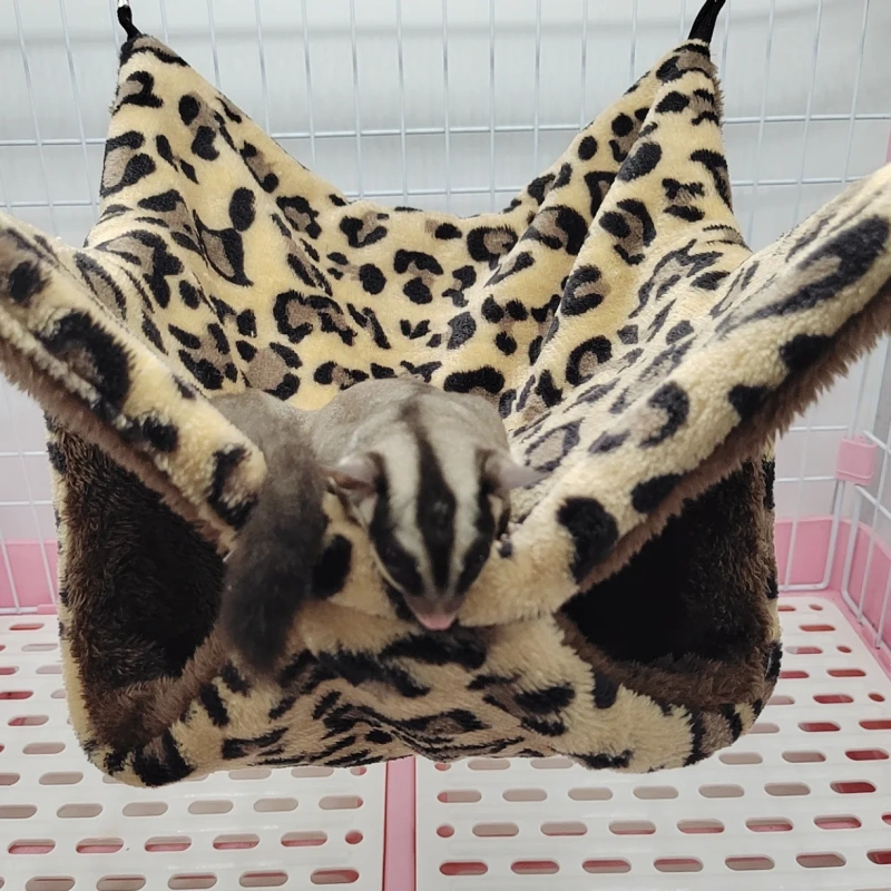 Leopard Print Pet Hammock Double Layer Warm Hamster Cage Plush Small Animals Hanging Bed for Chinchilla Ferret Sleeping Bag Nest