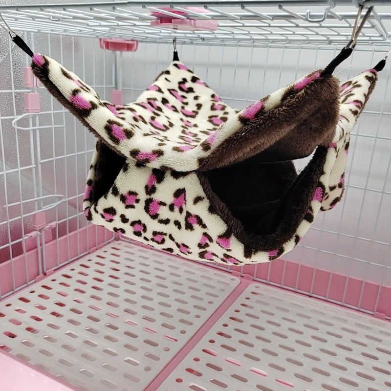 Leopard Print Pet Hammock Double Layer Warm Hamster Cage Plush Small Animals Hanging Bed for Chinchilla Ferret Sleeping Bag Nest