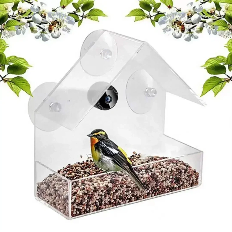 Smart Bird Feeder Acrylic with Camera Bird House Pet Feeder Transparent 1080P HD Easy Installation for Outdoor Garden