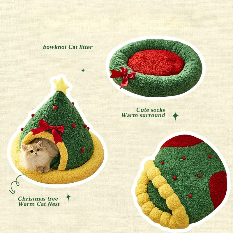 Christmas Tree Triangle Nest Cat and Dog Nest Semi Closed Cat Hole Christmas Sock Nest New Year Pet Warm Bed Cat House Dog Bed