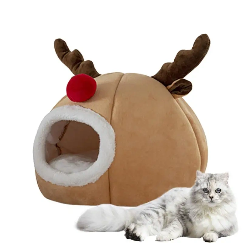 Christmas Dog Bed Breathable Christmas Winter Cat Cave Dog Tent Bed Washable Indoor Cat Nest Semi-Enclosed Cat House Bed