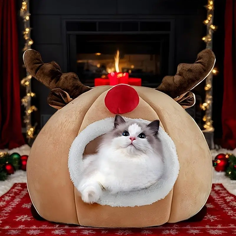 Christmas Dog Bed Breathable Christmas Winter Cat Cave Dog Tent Bed Washable Indoor Cat Nest Semi-Enclosed Cat House Bed