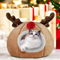 Christmas Dog Bed Breathable Christmas Winter Cat Cave Dog Tent Bed Washable Indoor Cat Nest Semi-Enclosed Cat House Bed