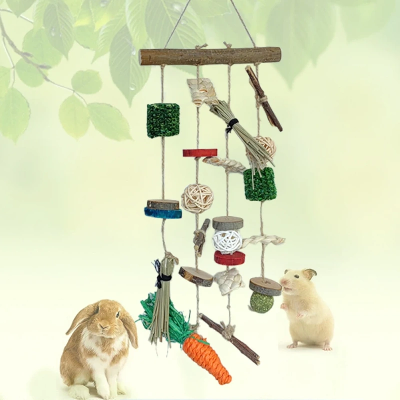 Pet Hanging Teething Chew Toy Bite-resistant Wood Branch Rattan Grass Ball Set For Cat Rabbit Hamster Accessories Pet Supplies