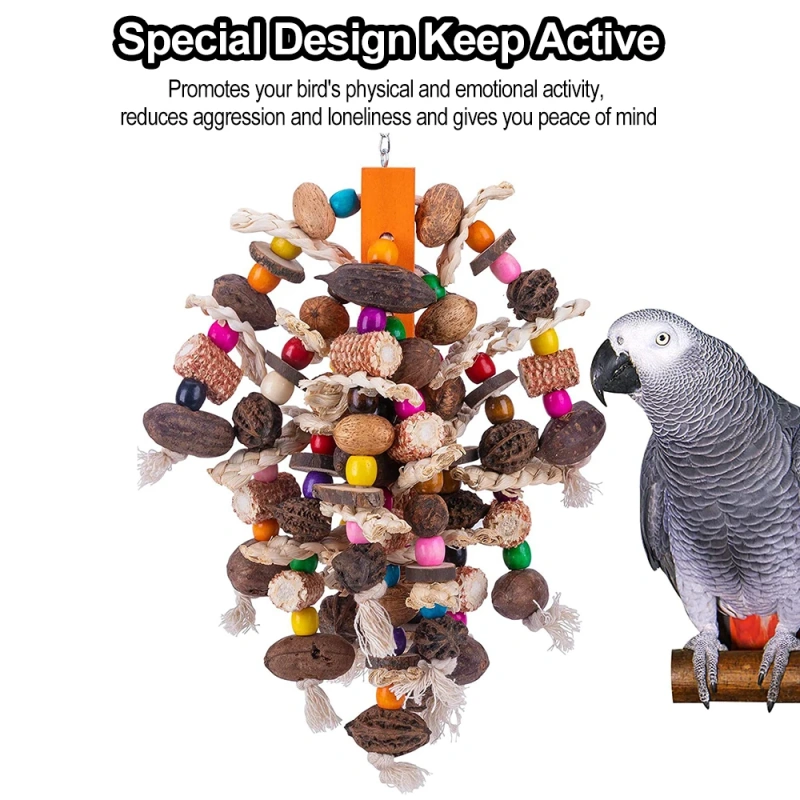 Large Parrot Chewing Toys Wooden Bird Cage Toy Natural Nuts Corn Parrot Toy for African Grey Macaws Cockatoos Other Large Birds