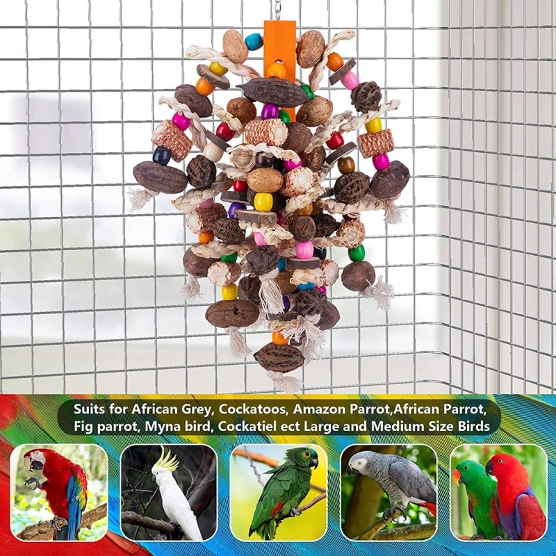 Large Parrot Chewing Toys Wooden Bird Cage Toy Natural Nuts Corn Parrot Toy for African Grey Macaws Cockatoos Other Large Birds