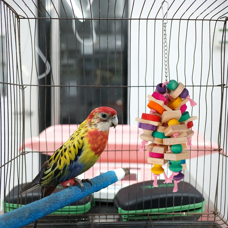 Parrot Chew Toys Bird Parrot Hanging Bite Wooden Blocks Cage Fun Toy for Chewing Climbing Biting Wooden Knots Chewing Toys