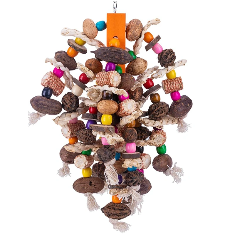 Large Parrot Chewing Toys Wooden Bird Cage Toy Natural Nuts Corn Parrot Toy for African Grey Macaws Cockatoos Other Large Birds