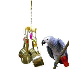 1pc Pet Bird Parrot Toy 4 Stainless Steel Pots String Bird Chewing Bite Toys Acrylic Cage Supplies Pets Bird Hanging Accessories
