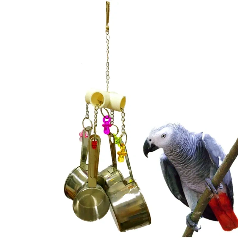 1pc Pet Bird Parrot Toy 4 Stainless Steel Pots String Bird Chewing Bite Toys Acrylic Cage Supplies Pets Bird Hanging Accessories