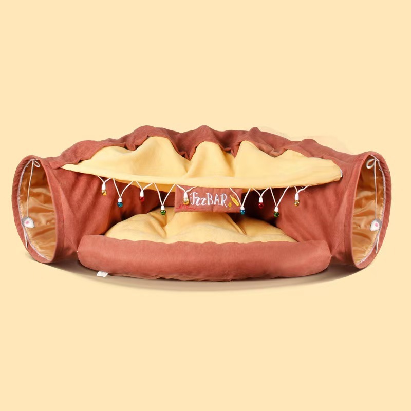 Cat’s Telescopic Tunnel Cushioned Bed Pet Nest Teasing Balls Zipper Connection Feline Supplies for Home