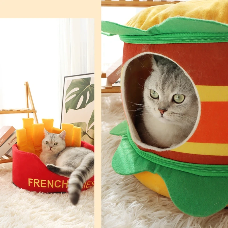 Foldable Hamburger Cat Beds Warm and Soft Pet House with Pet Mats Dogs Bed Tent Supplies Comfortable Sleeping Cats Pets Supplies
