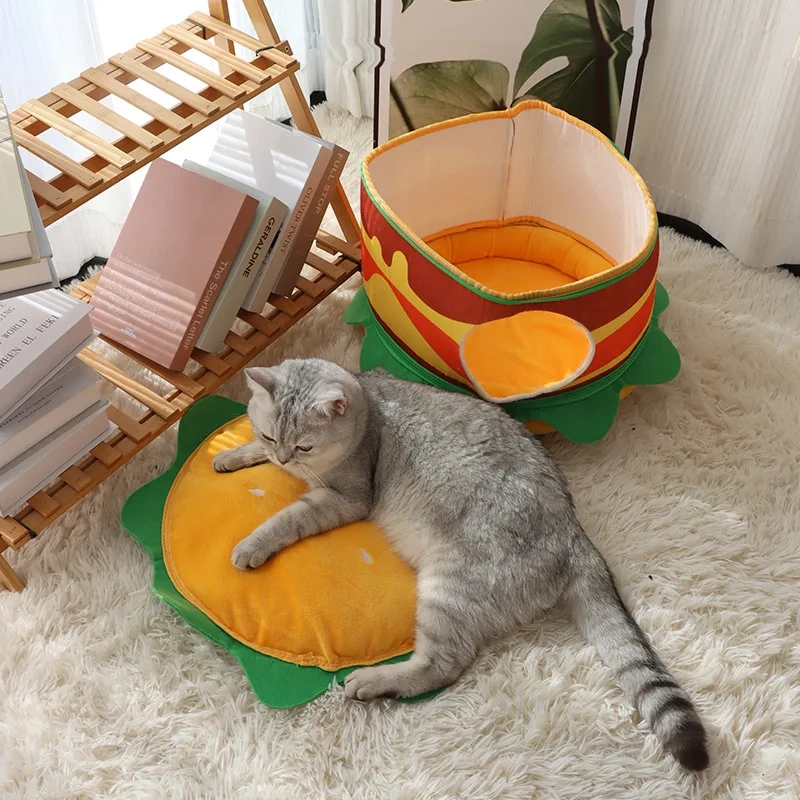 Foldable Hamburger Cat Beds Warm and Soft Pet House with Pet Mats Dogs Bed Tent Supplies Comfortable Sleeping Cats Pets Supplies
