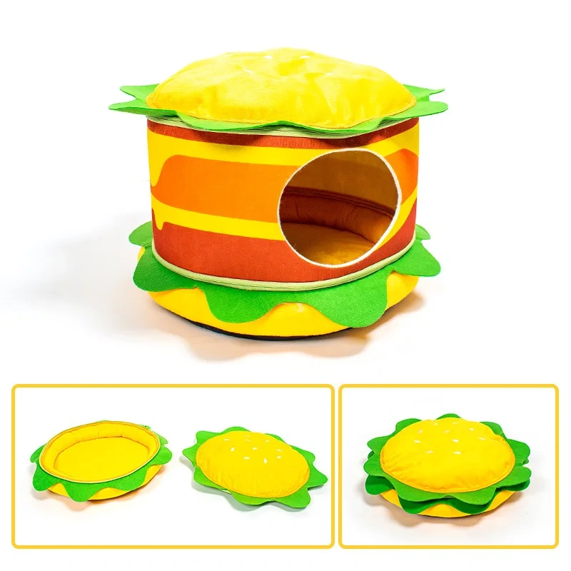 Foldable Hamburger Cat Beds Warm and Soft Pet House with Pet Mats Dogs Bed Tent Supplies Comfortable Sleeping Cats Pets Supplies