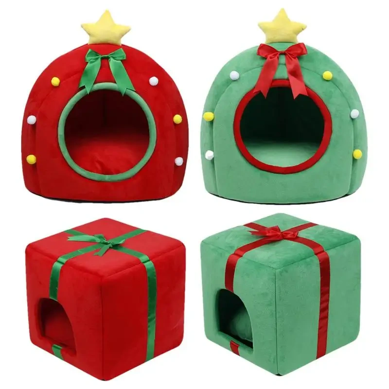 Christmas Dog Cat Bed House Christmas Tree Shape Pet Cat Home Warm Sleeping Nest Dog Cat Soft Warm Removable Kennel Pet Supplies