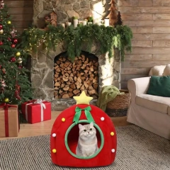Christmas Dog Cat Bed House Christmas Tree Shape Pet Cat Home Warm Sleeping Nest Dog Cat Soft Warm Removable Kennel Pet Supplies